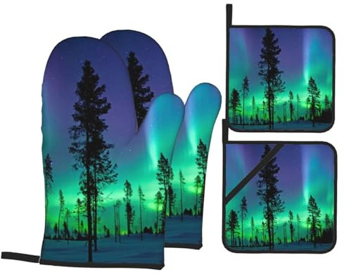 Ofenhandschuhe und Topflappen-Sets, Küchenofenhandschuh und Topflappen, 4 Stück, zum Backen, Grillen, Nordlichter, Aurora Borealis