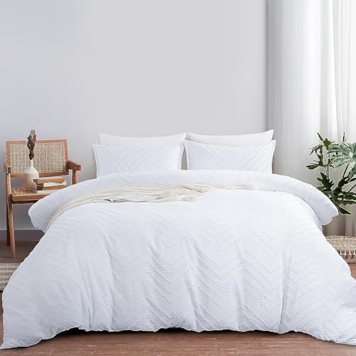 Nyescasa Boho Bettwäsche 200x220 3 Teilig Weiß Getuftet Wellen Bettwäsche-Set Stickerei Shabby Chic Wendebettwäsche Weiche Mikrofaser Bettbezug mit Reißverschluss und 2 Kissenbezug 80x80cm