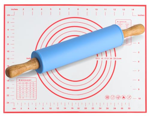 Rouleau à Pâtisserie en Silicone, Rouleau à Pâtisserie avec Poignées en Bois, Rouleau a Patisserie, Rouleau en Silicone avec Tapis de Cuisson(30x40cm), pour Cuisson Biscuits, Pâtisserie (Bleu)