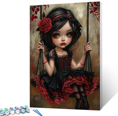 Tucocoo Dark Girl Swing Malen nach Zahlen, Set mit Pinseln und Acrylpigmenten auf Leinwand, Gemälde für Erwachsene, magische Frau, rote Blumen, Bilder für Zuhause, Wanddekoration, Geschenke