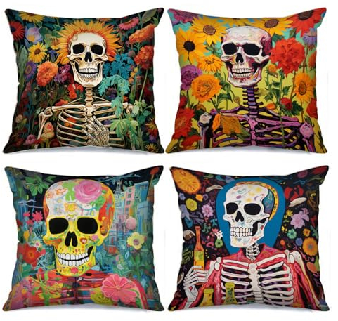 Tucocoo Graffitisches menschliches Skelettbild, Kissenbezüge, menschlicher Körper, Totenkopf, dekorativ, 45,7 x 45,7 cm, 4 Stück, moderne Kunstwerke, Kissenbezüge für Sofa, Wohnzimmer, Geschenk