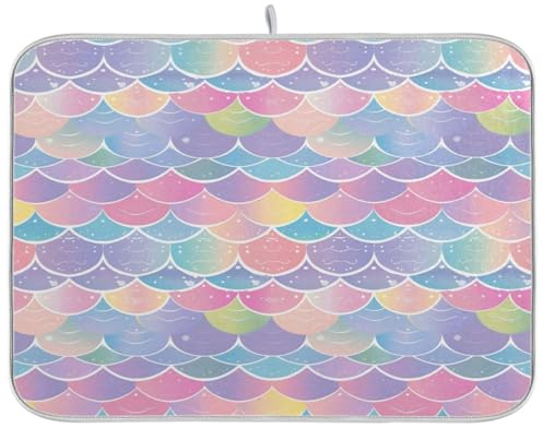 Alfombrilla de secado de platos Kawaii con escamas de sirena en colores pastel, tapete grueso de 18 x 24 pulgadas, almohadilla de secado de platos para encimera de cocina, escurridor de platos, tapete