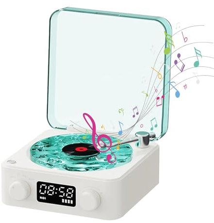 The Waves Vinyl Record Player, Retro Turntable Speake with 4 Sounds of Nature and RGB Light, Bluetooth Vinyl Record Player Waves, Support TF Card (White)