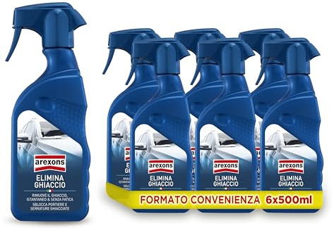 AREXONS Cura Auto, Elimina Ghiaccio Spray, Adatto a Parabrezza e Vetri | Sblocca Portiere e Serrature Ghiacciate, Senza Gas, 6 x 500 ml