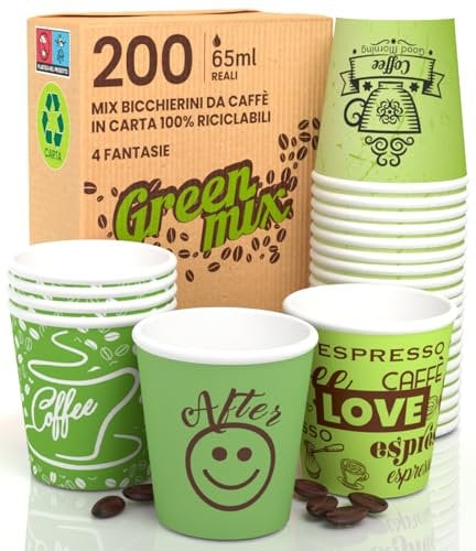 200 Paper Cups for Coffee 65 ml Green Mix Eco Friendly Biodegradable Disposable Small Takeaway Hot Drinks