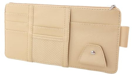 HLMYER Car Sun Visor Organizer,Leather Car Storage Organiser,Sun Visor for Car Organiser with Multi-Pocket Net Zipper,Multi-Pocket Storage for Sunglasses Registrations Cards Cables Document(Beige)