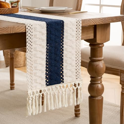 Tischläufer Boho Makramee Tischläufer 30X140cm Gewebt Baumwollflachs Tischläufer Landhausstil Tischdecke Mit Handgefertigten Quasten Häkelspitze Mesh Tischläufer für Esszimmer Home Decor Herbst