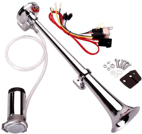 FARBIN 12V 150db Luft Horn Kit, Super Loud 45 Zentimeter Chrom Zink Einzelne Trompete LKW Hupen, Zug Hupe mit Kompressor für irgendwelche 12V Fahrzeuge