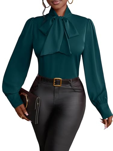 Vrtige Women's Bow Tie Neck Elegant Blouse | Long Sleeve Business Dressy Casual Shirt Top