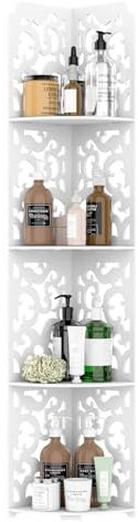 Corner Shelf Stand, 4 Tier White Hollow Carved Corner Shelf Unit Bathroom Corner Shelf Plant Stand Wood Free Standing Corner Display Stand Storage Shelving for Bathroom Bedroom Kitchen Living Room