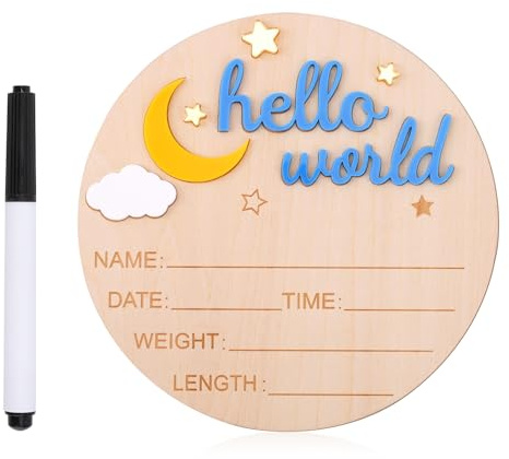 Hölzernes Hallo Welt Schild für Neugeborene, Süßes Geburtsanzeigeschild Willkommensschild für Neugeborene Namensschild für Mädchen und Jungen Babyparty Foto Requisiten (Himmelblau)