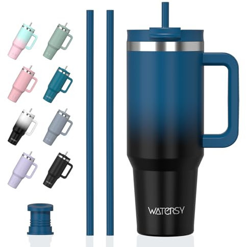 WATERSY Gourde Isotherme 1,2 L avec 2 Pailles, Gobelet à Café anti-Fuite, Isotherme Sous vide avec Couvercle à vis sans BPA, Gourde Rafraîchissante Pendant 12 Heures, Bleu marine