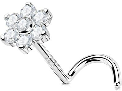 OUFER 20G Blume Nasenpiercing Sterling Silber 925 Nasenschmuck S-förmig 7 mm Nostril Piercing Ring klares CZ für Frauen Körper Piercing Schmuck