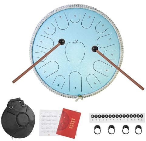 Zungentrommel, Tongue Drum, 14 Zoll 15 Noten, C Dur, mit Schlagzeug Sticks, Musikbuch und Tragetasche, für Anfänger Professionelle Handpan Drum Meditation Weihnachtsgeschenke