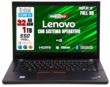 Lenovo GREEN EDITION, Pc portatile Intel Core i5 Pronto All'Uso office 365, Notebook Con Display HD da 14, Ram 32Gb, SSD 1Tb, Garanzia Italiana (Ricondizionato)