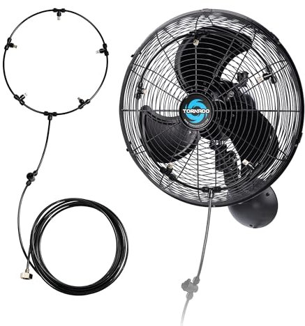 Tornado 16 Inch Outdoor Wall Mount Fan with Pre-Installed Misting Kit for Patio Barn Greenhouse, 3-Speed Ball Bearing Motor, 3300 CFM High Velocity, IPX4 Water-Resistant, 5 Brass Nozzles Misting