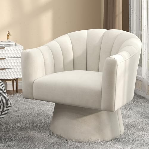 SEYNAR Swivel Accent Chair,Upholstered Velvet 360° Swivel Barrel Chair for Living Room Overstuffed Bouncle Reading Chair Round Armchair for Bedroom,Vanity,office (Beige)