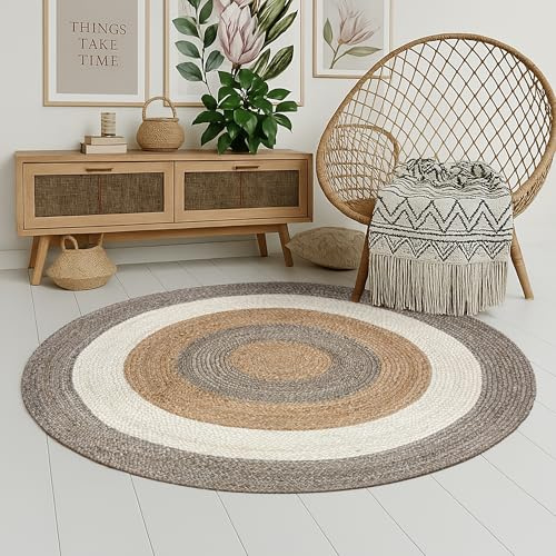 MY-RUG Jute Teppich rund 120 cm | Sisal-Teppich Wohnzimmer | handgemachter Juteteppich | flach gewebter Sisalteppich | Wohnzimmerteppich in Sisal-Optik nachhaltig aus Naturfaser | beige grau anthrazit