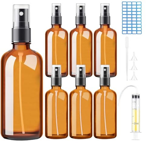 DONQL 100ml Empty Glass Spray Bottles for Essential Oils, 6 PCS Small Fine Mist Spray Bottles, Atomiser Spray Bottle 100ml with 20ml syringe 3 funnels 1 pipette (Amber)