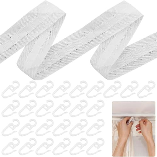 Luxvara 30m ×2.5cm Fettuccia per Tende con 50 Gancio Tenda Plastica Bianco, Arricciatenda Nastro per Tende con Gancetti Tende Rinforzato, Cucire per Porta e Tenda per Doccia