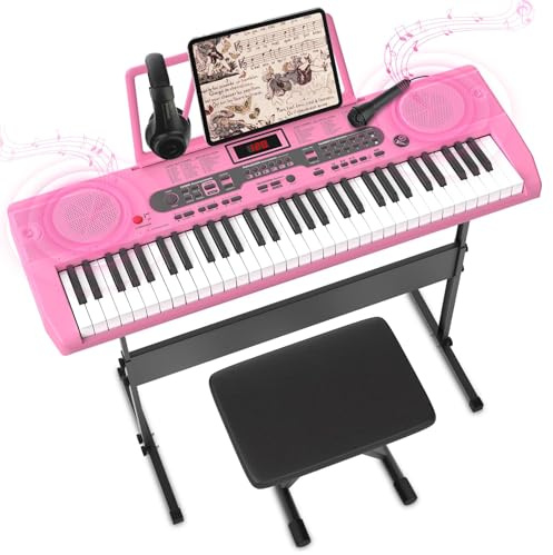 Elektronisches Keyboard Piano 61 Beleuchtete Tasten mit LED-Anzeige, Stereo-Lautsprecher, Kopfhörer & Mikrofon, Musik-Notenständer & Hocker, Lernfunktion für Kinder & Anfänger (Rosa)
