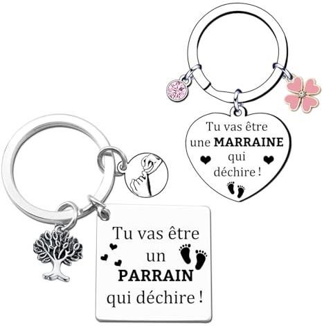 GUOYU Porte‑clés Parrain Et Marraine, Lot De 2 Cadeaux Assortis, Cadeau Parrain Marraine, Beau Cadeau Souvenir Pour Marquer La Belle Occasion Du Baptême