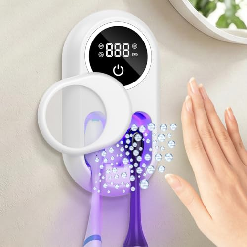 Ankilo UV Toothbrush Sanitizer with Dual-Mode Clean & Air Dry, White | Toothbrush Sanitizer Holder Wall Mounted, Smart Sensor Cover, LED Display, Rechargeable 2000mAh Battery for Bathroom & Travel