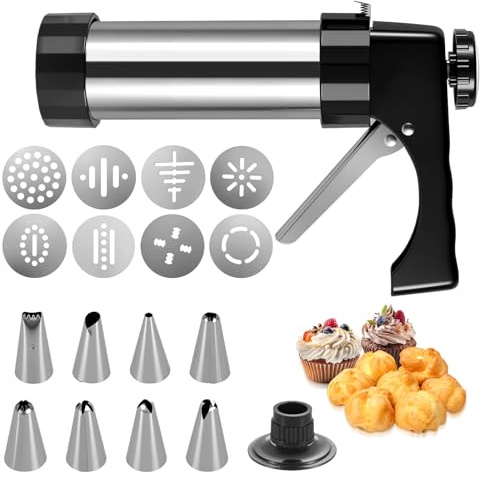 Glitfix Edelstahl Gebäckpresse mit 8 Tüllen und 8 Schablonen - Profi Spritzgebäck Presse Gebäckspritze Kekspresse für Kekse Kuchen Plätzchen