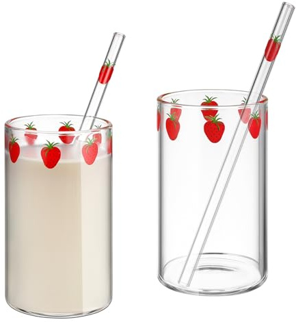 Didiseaon Strawberry Print Milk Cup Set with Straw Transparent Drinking Glasses for Milk Juice Tea and Soda 2 Cups 2 Straws Indoor Home and Office Use