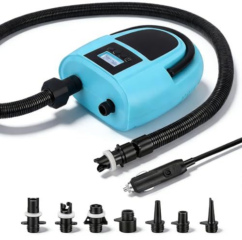Bomba de Aire Eléctrica, 2 Etapas 350L/min con Parada Automática, 7 Boquillas, 0,5-20 PSI, Inflador Portátil para Hinchar/Deshinchar Paddle Surf, Barca Neumática, Colchón Aire, Piscina & Camping