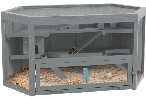 PawHut Hamsterkäfig 3 Etagen Nagarium Hamster Gehege 115x60x55cm Grau | Nagerkäfig, Kleintierkäfig, Klappbarer Deckel, Sichtfenster, Rampe, Futternapf, Zubehör, Gehege Kleintierstall, Holzkäfig