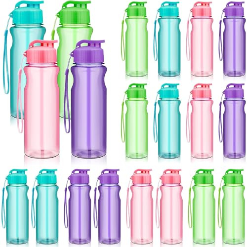 DHNDO 20 Pack Kids Water Bottles Bulk, 500ml Reusable Plastic Bottles | Leak Proof Sports Water Bottles with Flip Top Lid and Handle Strap, for Summer School Gym Travel, 4 Colours