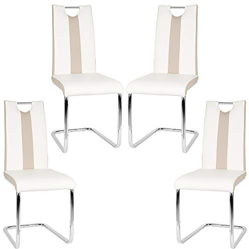 Esszimmerstuhl mit Hoher Rückenlehne, Schwingstuhl Set, 4-er Set, Weiß + Beige