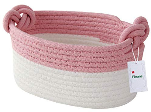 Fieans Panier en Corde de Coton Petit Corbeille de Rangement Pliable Boîte de Rangement Tissé pour Bébé, Jouets, Maquillage, Clés - Rose