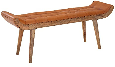 KADIMA DESIGN Sitzbank aus Massivholz und Leder/Stoff: Chesterfield-Muster, 125x50x38 cm, Lederpolsterung, Massivholzbeine Material: Leder