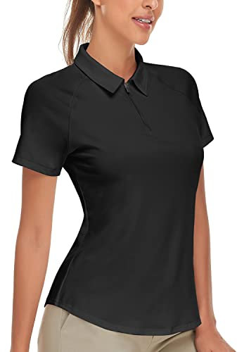 Soneven Polo Femme Manches Courtes Noir 1/4 Zip Respirant Séchage Rapide pour Golf Tennis Loisirs Entraînement Course à Pied
