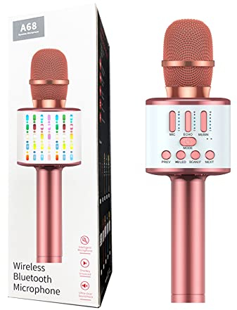 ASENTER Karaoke Mikrofon, Bluetooth Mikrofon Kinder, 5 in 1 Tanzen LED Lichter Drahtlose Tragbares Magic Sing Microphon mit Lautsprecher Aufnahme, Kompatibel mit Android iPhone PC Roségold
