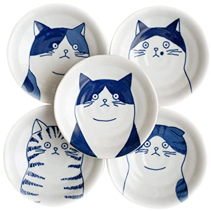 LOVE LOVE JAPAN Dessert Sushi Soy Sauce Salad Ceramic Plates Cats Design Set of 5 Made in Japan 5 Cats 4.7in