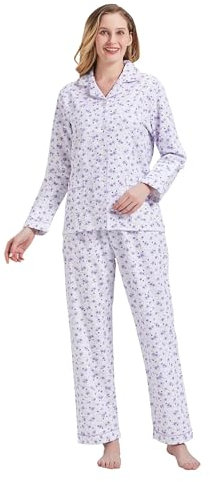 Amaxer Pigiama Donna Cotone Lungo 100% in Flanella Pigiama Invernale Manica Lunga Indumenti da Notte Tuta da Notte e Pantaloni,Fiori Viola L