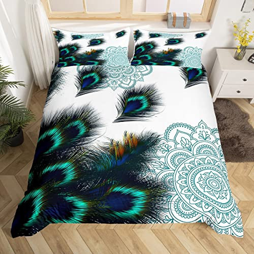 Set de literie Plumes de Paon Thème Animalier Boho Housse de Couette Enfants, garçons, Filles Plumes Housse de Couette Style bohème Parure de Lit Vert foncé Blanc,220x240cm