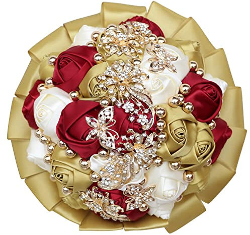WIFELAI-A Goldene Strass Brosche Hochzeit Blumen Brautsträuße Kristall Braut Holding Bouquet Dunkelrot Hellgold Elfenbein Satin Rosen mit Diamant