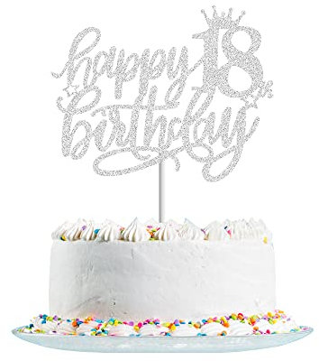Happy 18th Birthday Cake Topper Silver Glitter for Hello 18,Cheers to 18 Years,18 & Fabulous, 18th Birthday Cake Pick 18 Years Old Birthday Party Cake Decorations