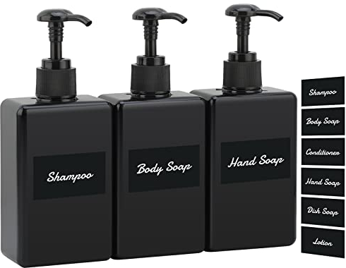 Segus Seifenspender mit Separater Etikettenaufkleber, 3 Stück Quadratische kleine Pumpflasche für Bad Organizer, Reiseportabilität Nachfüllen von Shampoo, Körpermilch, Reinigungsöl, 280ml, Schwarz