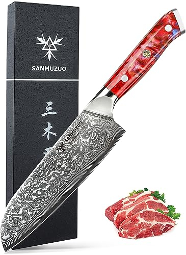 SANMUZUO Damas Couteau de Santoku avec Lame 18 cm Professionnel Couteau de Cuisine en Japonais VG-10 67 Couche Damas Acier avec Poignée en résine (Rouge Coucher de Soleil) - Xuan Série