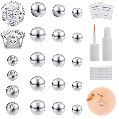 ZS Lot de 21 faux piercings de nombril avec zircone cubique 8 mm et 10 mm - Avec colle à cils - Faux anneaux pour sourcils, nez, lèvre, labret - Bijou de corps, Cristal Diamant Gemme, Zircon cubique