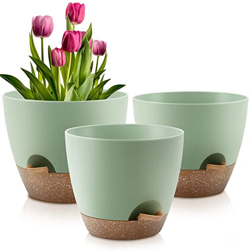QRRICA Blumentöpfe, selbstbewässernde Töpfe, 25,4 cm, 25,4 cm, 3 Stück, Kunststoff-Pflanzgefäße mit Drainagelöchern und Untersetzern, Kunststoff-Blumentöpfe, Pflanztopf für Innen- und Außenbereich,