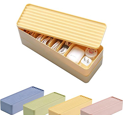 STARRY G Double Layer Cable Tidy Box with Lid, 7 Grids Cable Organizer Box, Large Wire Storage Box for Cables, Charger Plug, Power Strips, Solid Color Cable Management Box (Free 3M Cable Ties Roll)