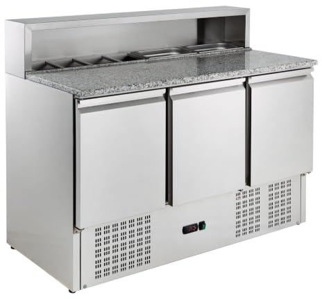 GastroHero Pizzatisch, Kühltisch, 402L, Edelstahl PSH903 | +2 °C bis +8 °C, hochwertige Granit-Arbeitsplatte, 3 Türen, digitale Temperaturanzeige, Platz für 8 x 1/6 GN Behälter
