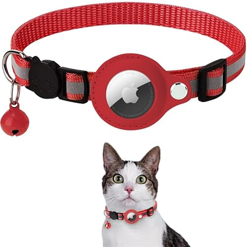 LZXLXS Airtag Katzenhalsband, Airtag Katze Halsband kompatibel mit Apple Airtag, Reflektierendes Kätzchenhalsband mit Halterung und Glocke für Mädchen Junge Katzen, Rot