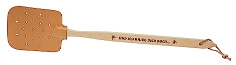 Neustanlo - Fliegenklatsche aus Holz und Leder - mit Spruch Und ich Krieg Dich doch... - extra stark - mit Holzstiel und Lederband - 47,5 cm